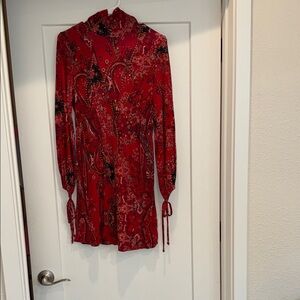FREE PEOPLE Red Floral Long Sleeve mini Dress
